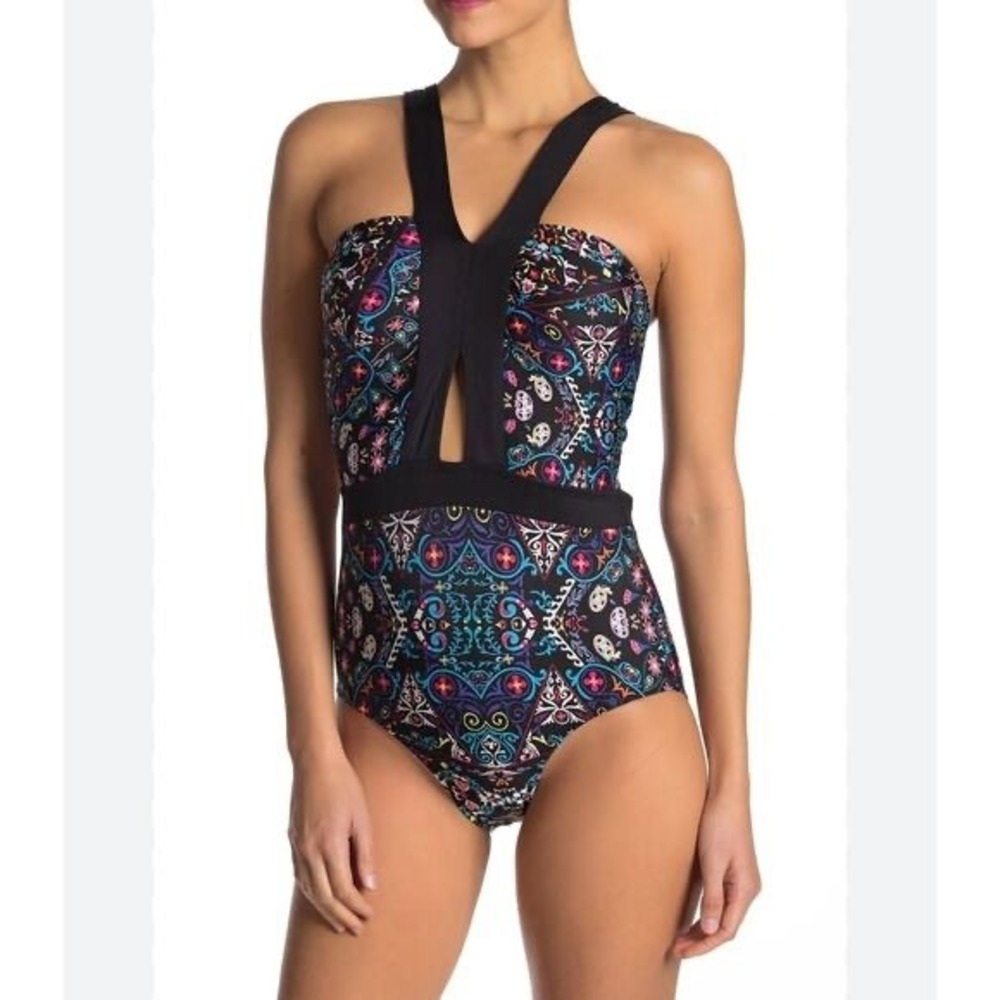 Laundry by Design One Piece Swimsuit Women XL Black Multi Color Keyhole Cutout